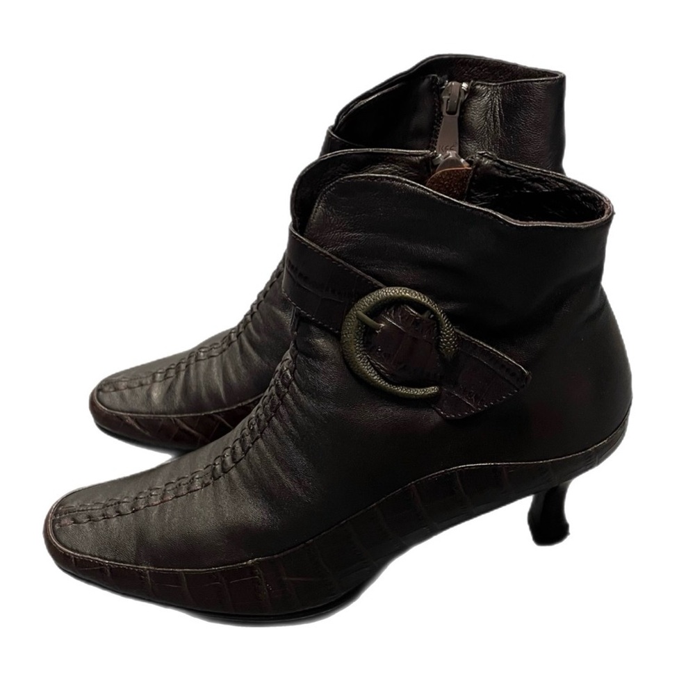 9.5 Polanni Women’s Leather Dark Brown Winter Ankle Heeled Booties Boots Shoes